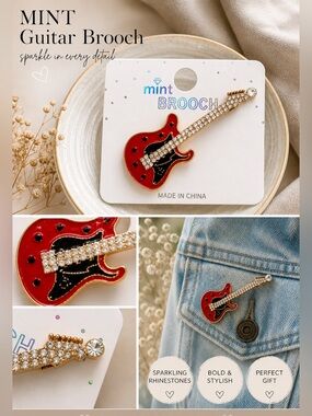 Rhinestone Guitar Brooch Pin Red Black Gold Sparkly Rock Music Jewelry Gift NWT